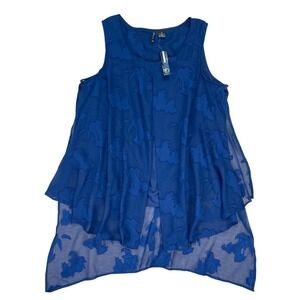 Women Blue Floral Tiered Overlay Sleeveless Flowy Tank Top Sz 1X Whimsical